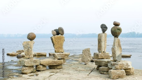 Remic Rapids Park with balanced stones at riverside in Ottawa, Canada photo