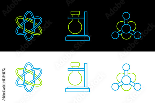 Set line Bacteria, Atom and Test tube flask on stand icon. Vector
