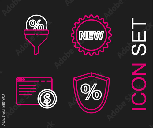Set line Loan percent, Online shopping on screen, Price tag with New and Lead management icon. Vector