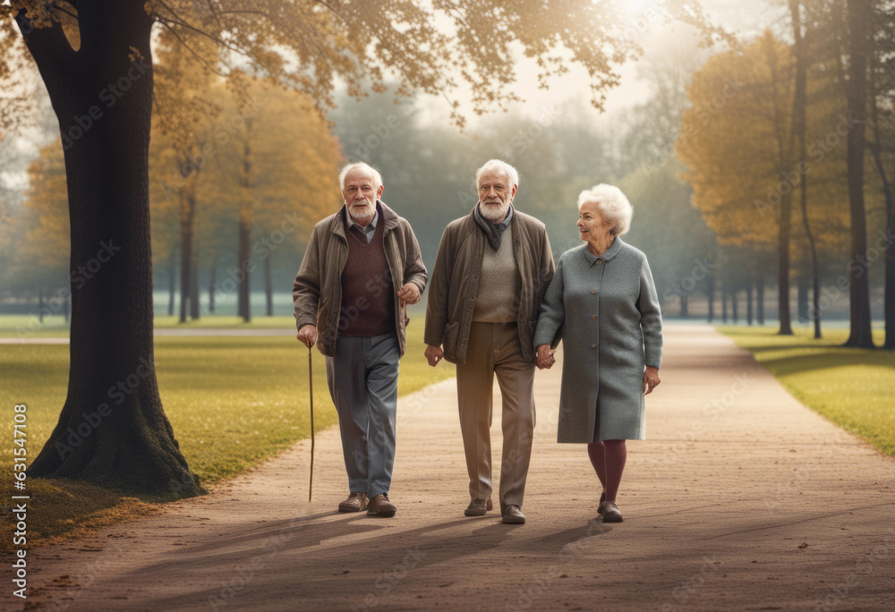 Three elderly people are walking in the park Three elderly people are walking in the park