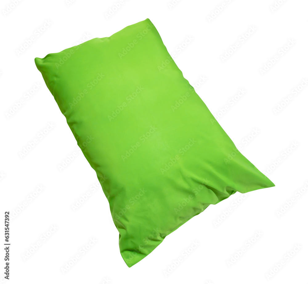 Green pillow at hotel or resort room isolated on white background with clipping path. Concept of confortable and happy sleep in daily life