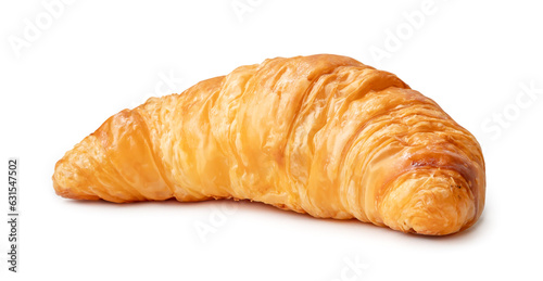 Front view of single croissant isolated on white background with clipping path and shadow in png file format