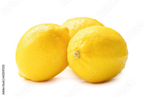 Three whole fresh beautiful yellow lemons in stack isolated on white background with clipping path.