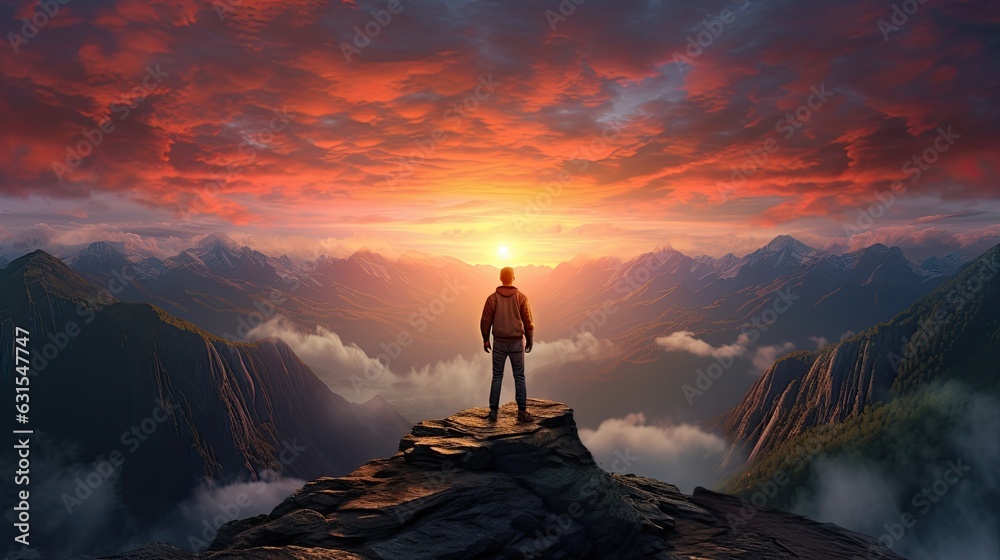 Man standing in top of the mountain with sunrise above the cloud hiking