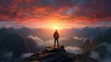 Man standing in top of the mountain with sunrise above the cloud hiking