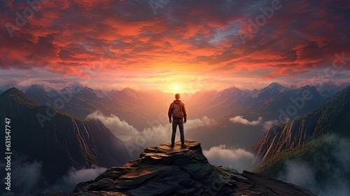 Man standing in top of the mountain with sunrise above the cloud hiking © SatuJiwa