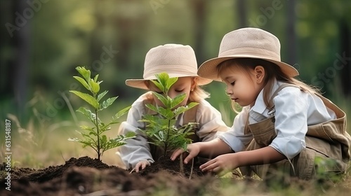 Children planting tree in nature, save earth
