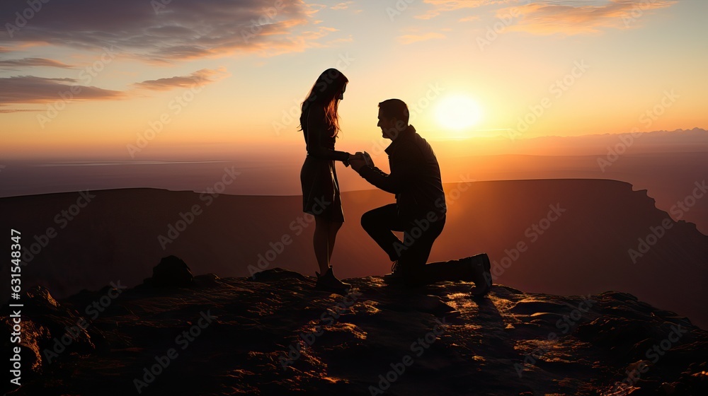 Man propose marriage with girlfriend, man stand on his knee near the cliff