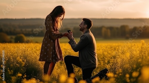 Man propose marriage with girlfriend, man stand on his knee at flower field