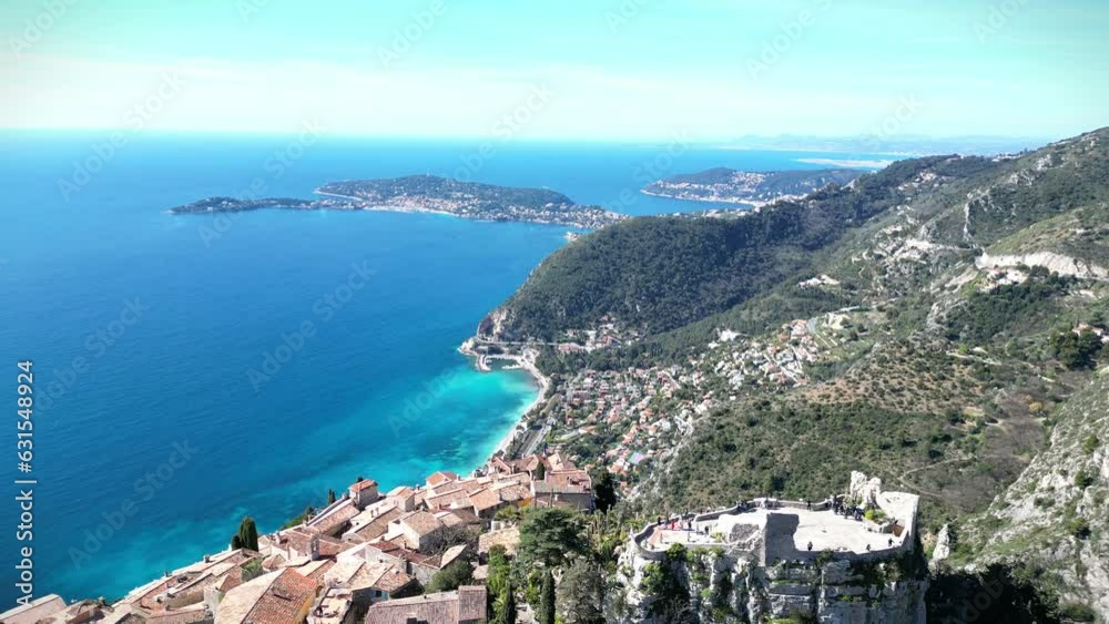 Drone view over the Eglise Notre-Dame-de-l'Assomption in Eze, France Drone view over the Eglise Notre-Dame-de-l'Assomption in Eze, France