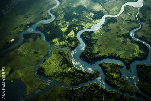 Aerial view of winding rivers and lush valleys, showcasing the earth's intricate beauty. © Tachfine Art
