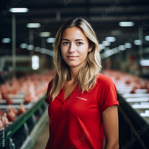 Attractive Woman in Red Shirt Shopping at Chicken Store - Blurry Background