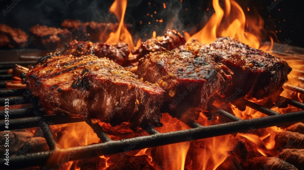 Photo of two steaks sizzling on a hot grill with flames Photo of two steaks sizzling on a hot grill with flames