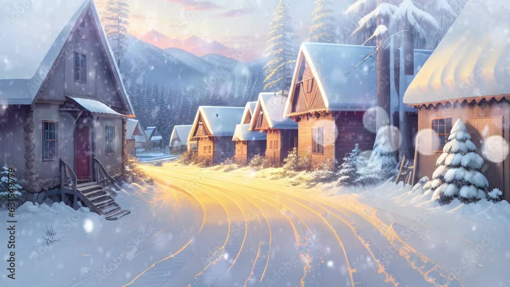 Beautiful scenery of village in winter. Seamless loop video