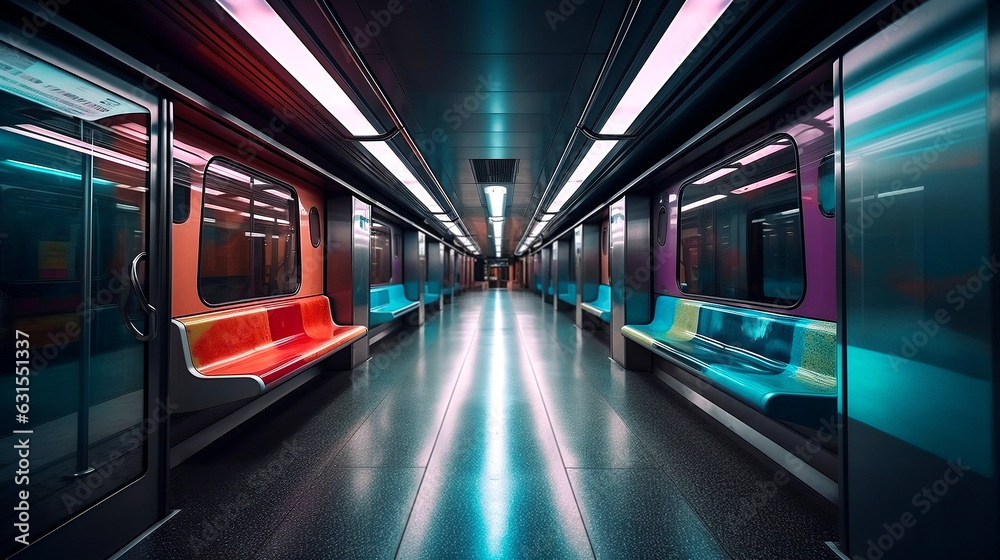 Inside empty subway car, metro car empty interior in neon style. Generative AI
