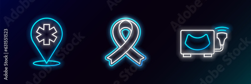 Set line Ultrasound, Location hospital and Awareness ribbon icon. Glowing neon. Vector