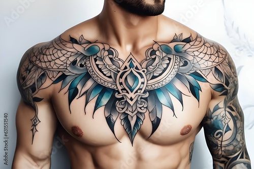 A man with a tattoo design that stands out with complex and elaborate patterns on his body