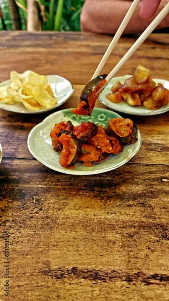 Gaji namul or marinated Gochujang eggplant as side dish (banchan) in an