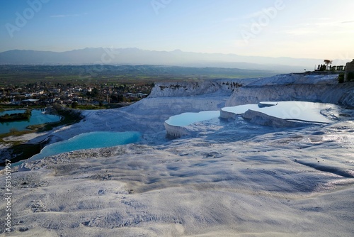 Beautiful shot of Thermal pools in Pamukkale, Turkey under the bright sunlight