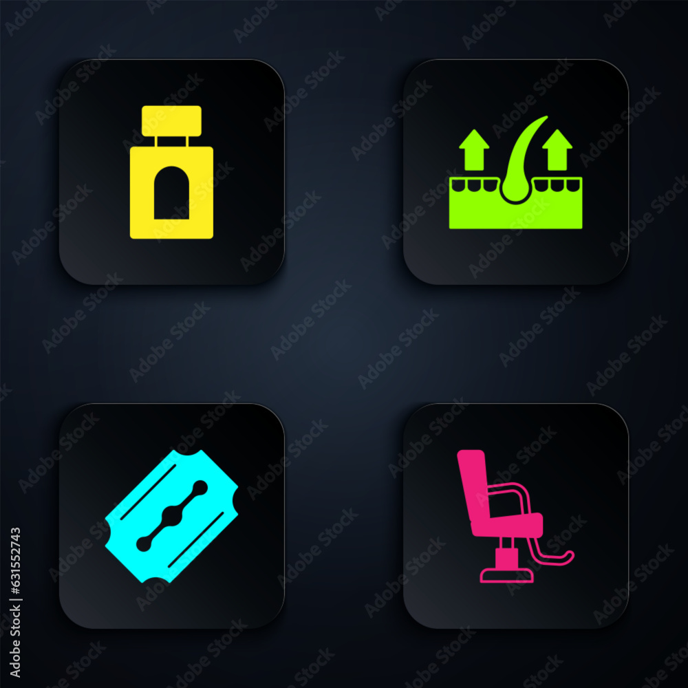 Obraz premium Set Barbershop chair, Aftershave, Blade razor and Human follicle. Black square button. Vector