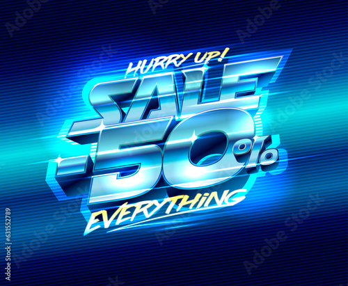 Sale banner, 50 percents off, poster template with steel 3D style lettering