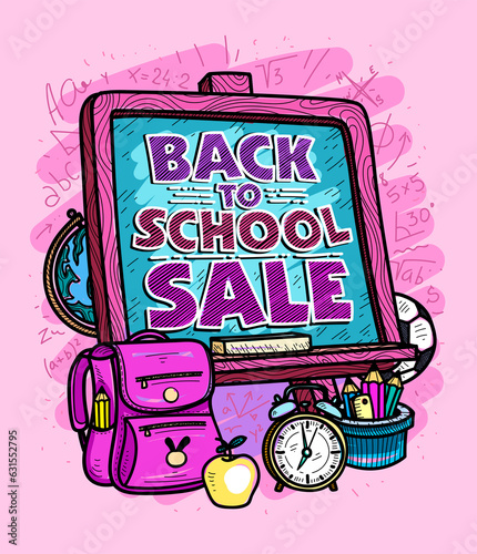Back to school sale graphic poster or banner design with board and school tools set
