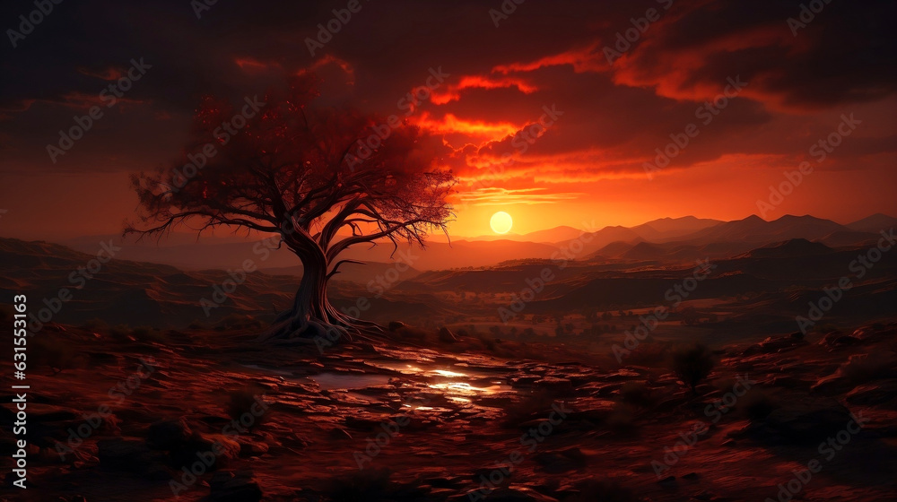 Bright red sunset. Dramatic evening sky with clouds. Fiery skies with space for design. Magic fantasy sky. Сreated with generative ai Bright red sunset. Dramatic evening sky with clouds. Fiery skies with space for design. Magic fantasy sky. Сreated with generative ai