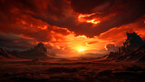 Bright red sunset. Dramatic evening sky with clouds. Fiery skies with space for design. Magic fantasy sky. Сreated with generative ai