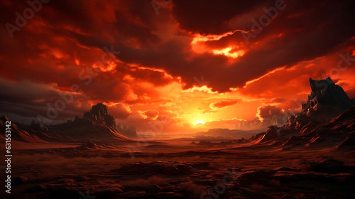 Bright red sunset. Dramatic evening sky with clouds. Fiery skies with space for design. Magic fantasy sky. Сreated with generative ai