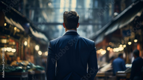 backside of business man at street of business district with bokeh light background