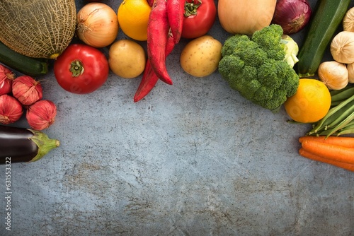 Fototapeta Naklejka Na Ścianę i Meble -  Vivid variety of fresh fruits and vegetables on a gray surface.