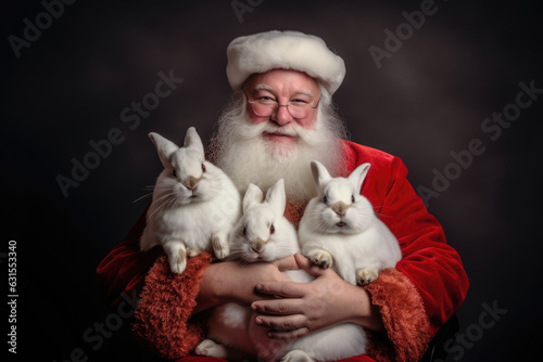 Santa clous with three rabbits Generative AI photo