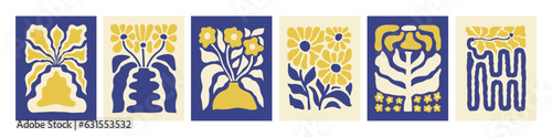 Abstract botanical set posters with various blossom groovy flowers. Naive art decor. Trendy hand drawn vector illustration. Blue and yellow colors