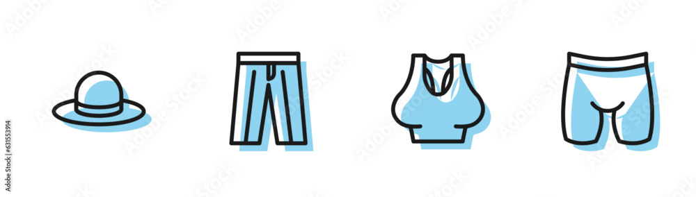 Set line Undershirt, Man hat, Pants and Cycling shorts icon. Vector Set line Undershirt, Man hat, Pants and Cycling shorts icon. Vector