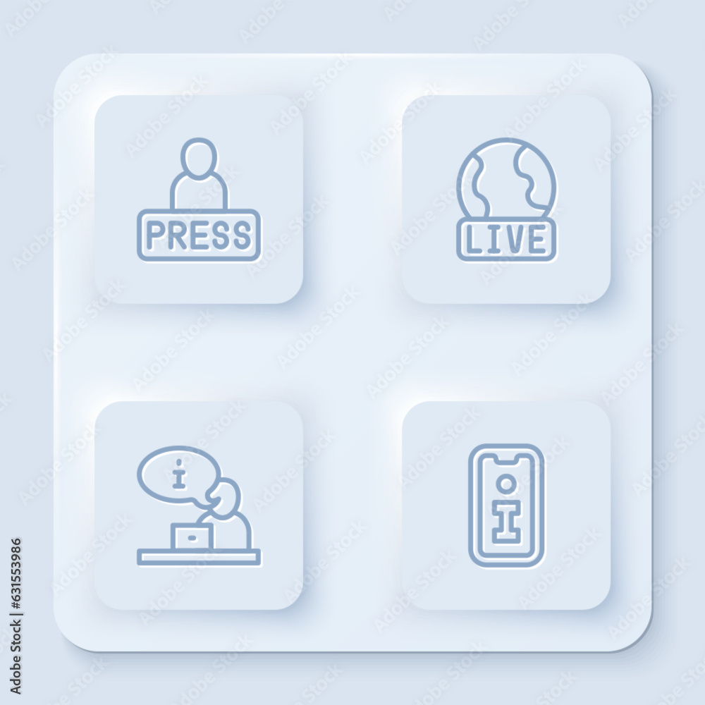 Set line Journalist news, Live report, Television and Information. White square button. Vector Set line Journalist news, Live report, Television and Information. White square button. Vector