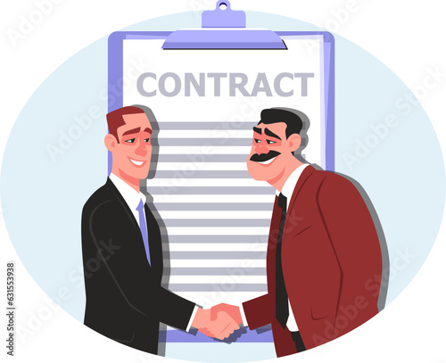Two businessmen have made an agreement and are shaking hands, signing contract. Stock vector illustration