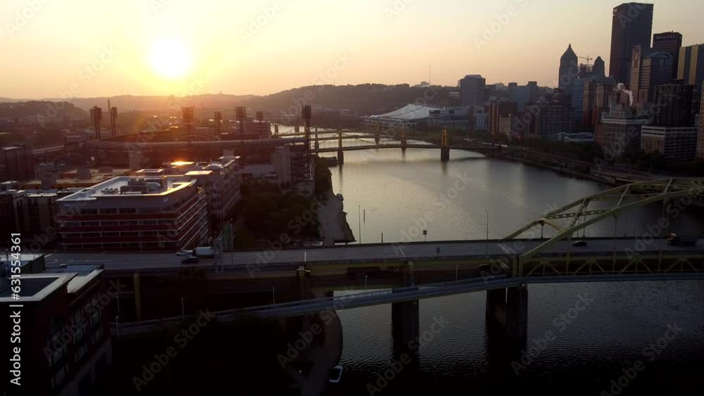 Drone shot of West End Overlook Park with West End Bridge at sunset golden hour Drone shot of West End Overlook Park with West End Bridge at sunset golden hour