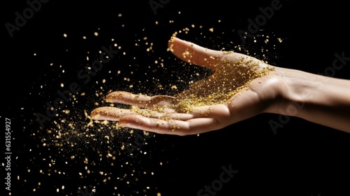 Womans hand scatters gold dust on a black background.Generative AI