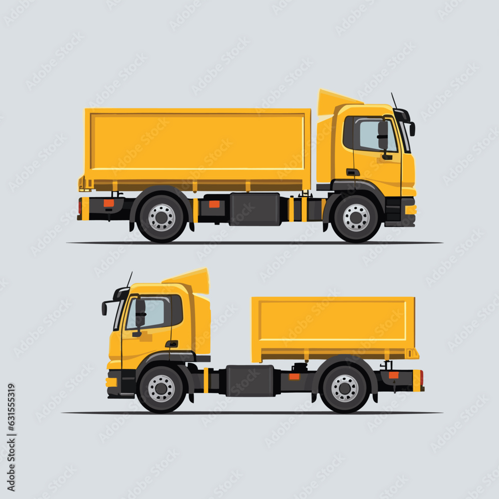 Vector illustration of two yellow trucks on a light gray background