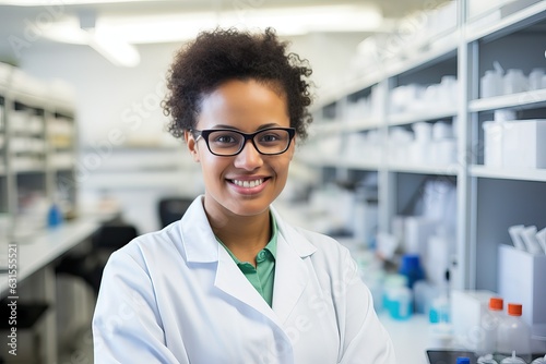 Black female Biotechnologist smiling at the camera, Women in STEM, Minority representation in STEM feminism