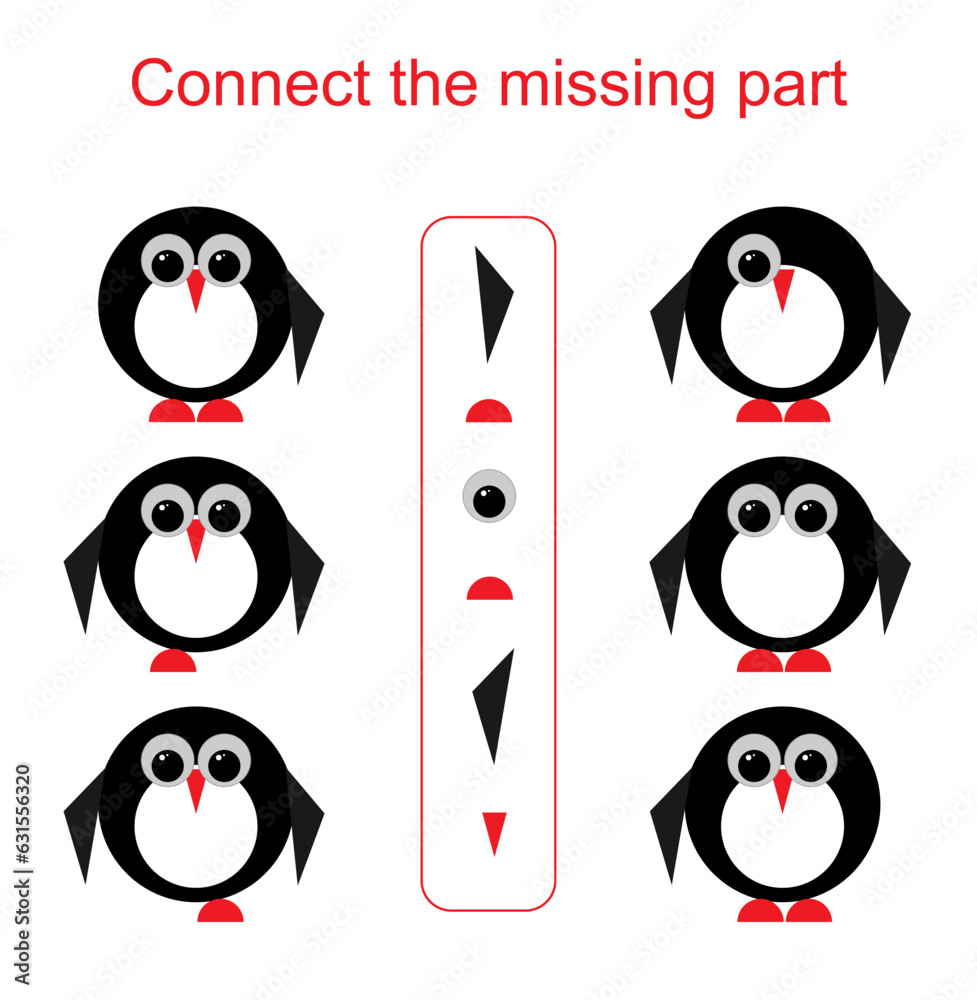 Connect the missing part. Task for the development of attention and logic. Vector illustration of cartoon penguin. Connect the missing part. Task for the development of attention and logic. Vector illustration of cartoon penguin.