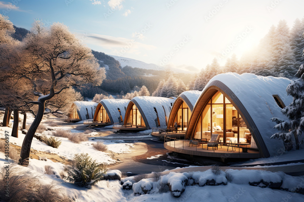 Eco-friendly ecolodge or eco-lodge cosy wooden winter eco-houses in the snowy valley