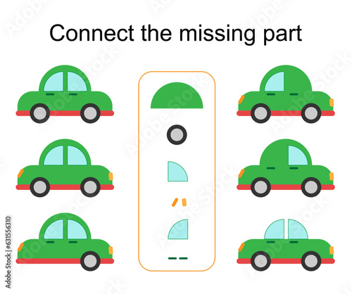 Connect the missing part. Task for the development of attention and logic. Vector illustration of cartoon car.