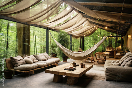 Photo Ecolodge or eco-lodge house interior with green plants, adorned with hammocks an