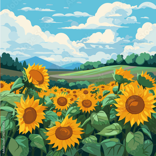 Sunflower field on beautifull hills, sunny summer day landscape.