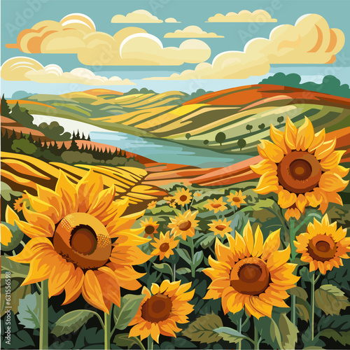 Sunflower field on beautifull hills, sunny summer day landscape.