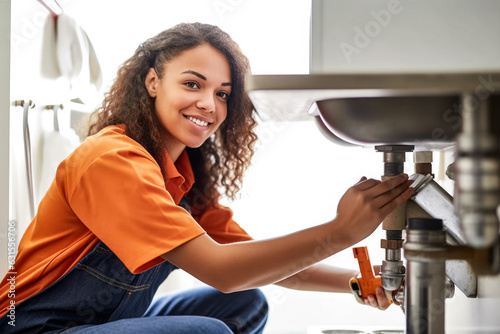 Obraz na płótnie Woman plumber working near metal pipes indoor, female professional occupation. Generative AI w salonie