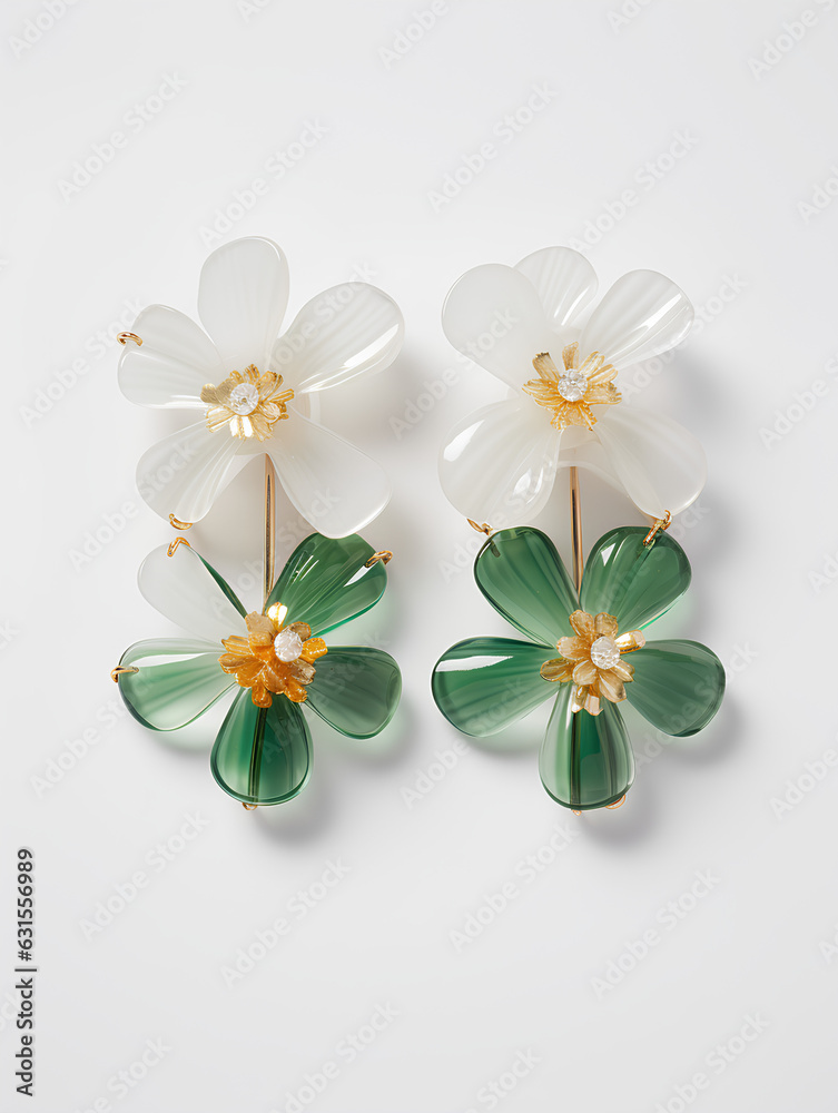 Obraz premium earrings in the form of flowers, two white and green flowers on each earring, flowers made of glass or acrylic on a white background, objective shooting of women's accessories
