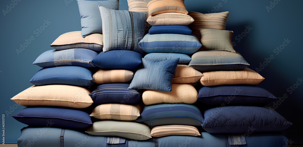 a pile of teal and beige pillows against a blue wall, home textile studio shot