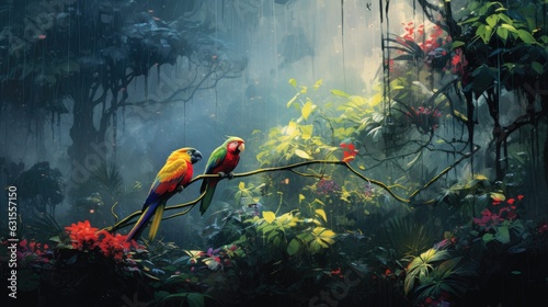 Rainforest canopy, Accentuating the layers of vegetation, Diverse bird species, Hanging vines, Colorful flowers, Generative AI © Chetiwat